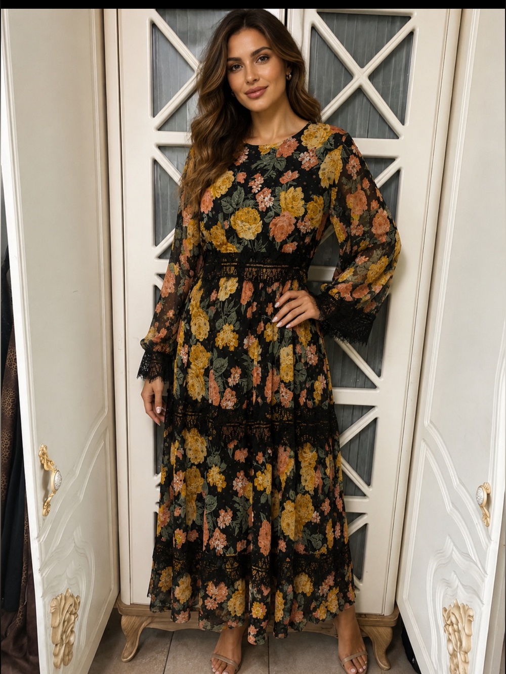 Floral Lace-Trim Long Sleeve Black Maxi Dress